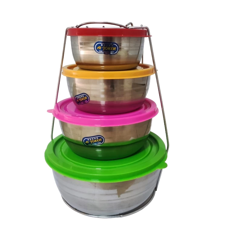 طقم علب ثلاجة استانلس ستيل بالغطاء وحامل، 5 قطع - فضي