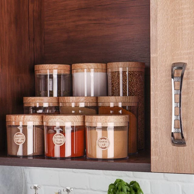 طقم توابل اكريليك بالغطاء خشب، 9 قطع - شفاف