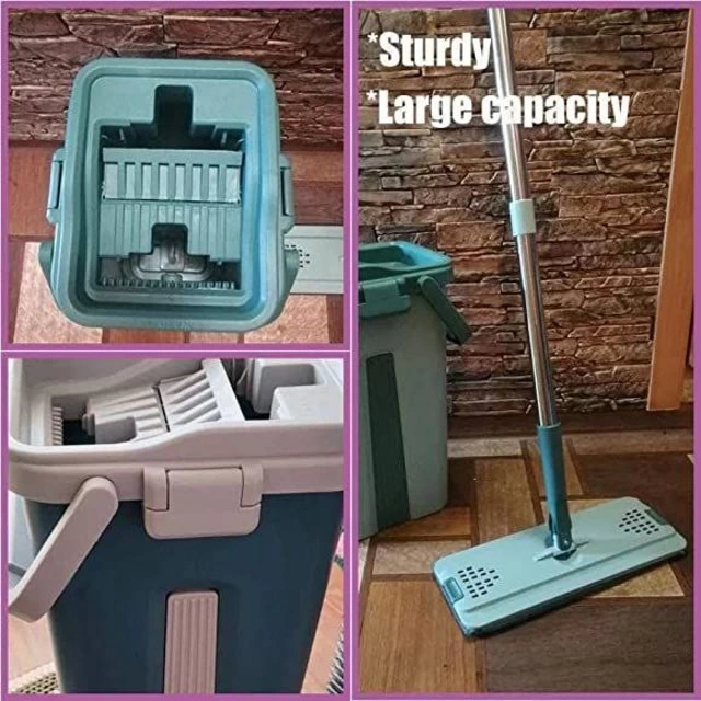 طقم جردل تنظيف بلاستيك ومساحة مسطحة مع وسادتين قابلتين لإعادة الاستخدام - متعدد الألوان