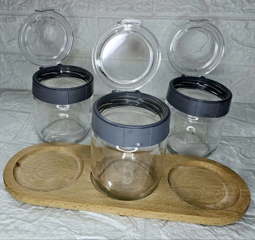 طقم توابل أكريليك مع ملاعق وحامل خشب، 3 قطع - شفاف