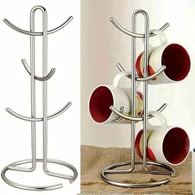 طقم مجات بورسلين مع حامل معدني – 6 قطع أنيقة للقهوة والشاي