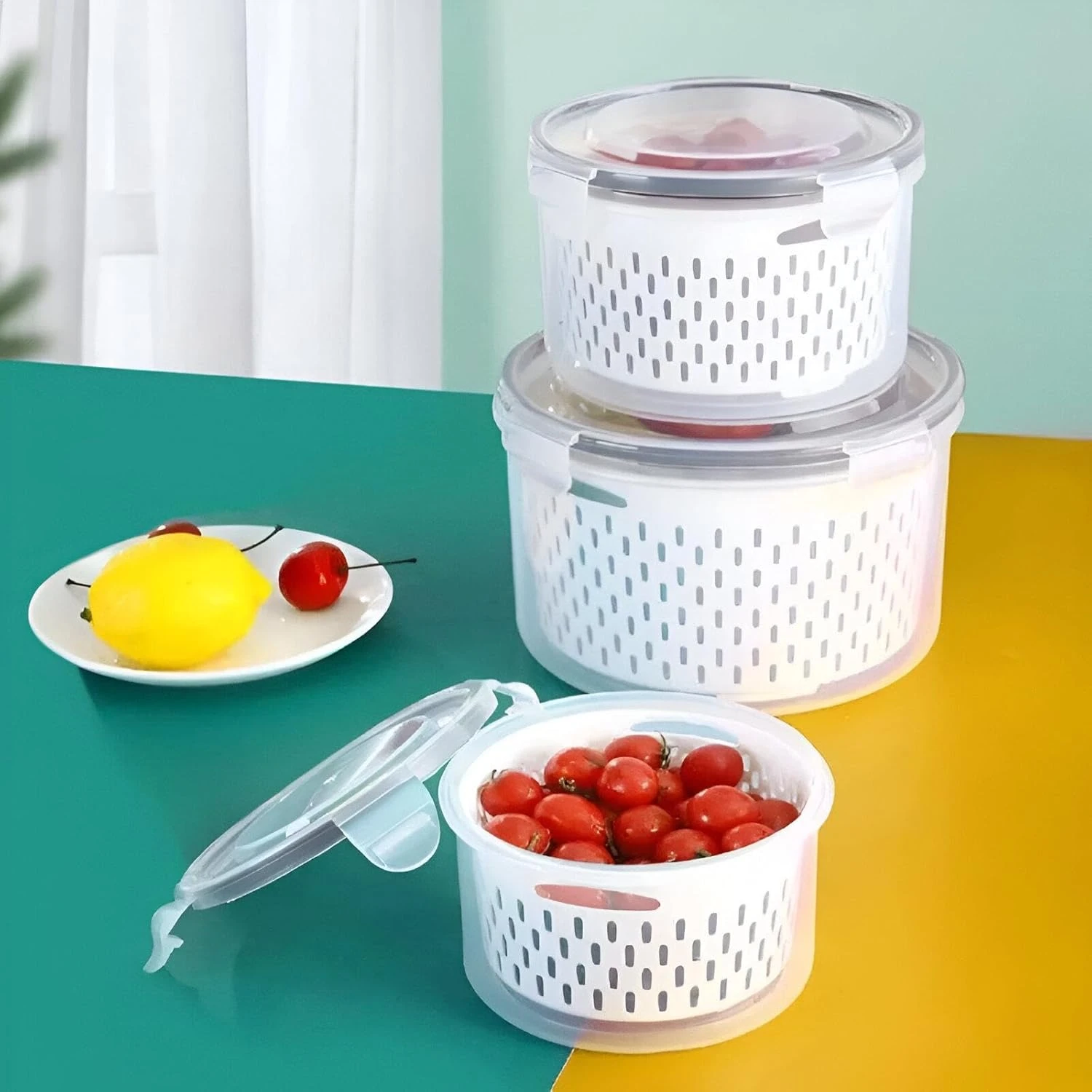 عبوات حفظ طعام شفافة مع مصفاة داخلية للفواكه والخضروات